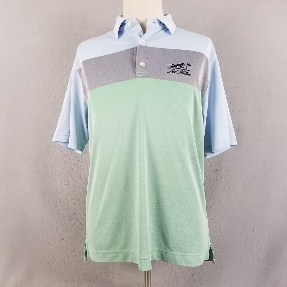 FootJoy Polo Shirt Mens Medium Blue Green‎ Colorblock Golf Stretch Fox Hollow